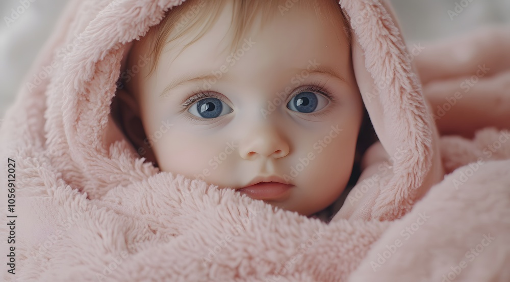 Wrapped in a soft pink blanket, this wide-eyed baby gazes with curiosity and innocence, capturing the essence of pure childhood wonder. Wrapped in a soft pink blanket, this wide-eyed baby gazes with curiosity and innocence, capturing the essence of pure childhood wonder.