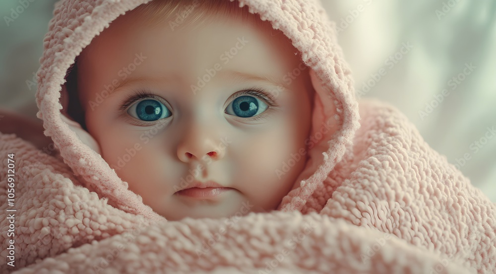 Wrapped snugly in a soft pink blanket, this beautiful baby gazes intently with big, bright eyes filled with wonder. Wrapped snugly in a soft pink blanket, this beautiful baby gazes intently with big, bright eyes filled with wonder.