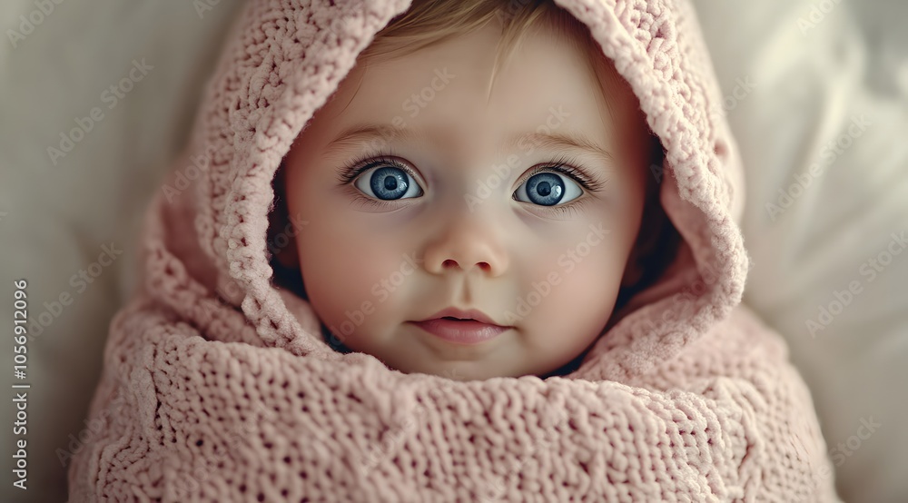 Wrapped snugly in a soft pink blanket, this beautiful baby gazes intently with big, bright eyes filled with wonder. Wrapped snugly in a soft pink blanket, this beautiful baby gazes intently with big, bright eyes filled with wonder.