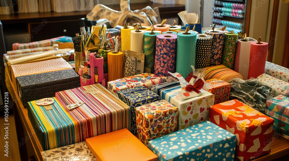 A vibrant display of colorful gift-wrapped packages and decorative paper rolls, perfect for celebrations and creative projects. A vibrant display of colorful gift-wrapped packages and decorative paper rolls, perfect for celebrations and creative projects.