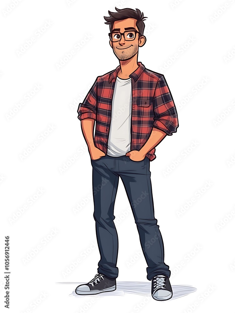 Fototapeta premium Cartoon guy in a casual flannel shirt and jeans on a white background.