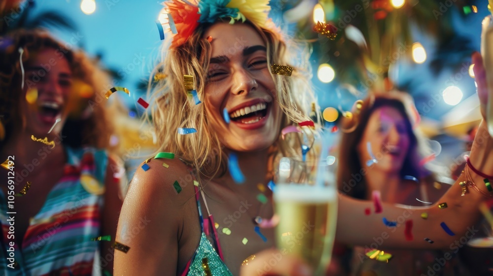 A celebratory scene with a woman holding a glass of champagne amidst confetti A celebratory scene with a woman holding a glass of champagne amidst confetti