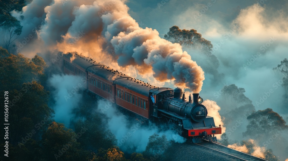 Fototapeta premium Steam Train Chugging Through Misty Forest