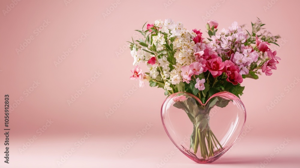 Heart shaped vase filled with a spring flower bouquet on a soft pink backdrop with space available for text Heart shaped vase filled with a spring flower bouquet on a soft pink backdrop with space available for text