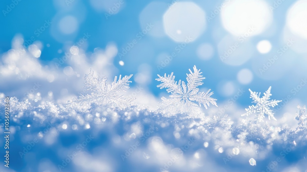 Snowflakes and ice crystals against a blue sky create a panoramic winter background featuring a beautiful display of seasonal weather Snowflakes and ice crystals against a blue sky create a panoramic winter background featuring a beautiful display of seasonal weather