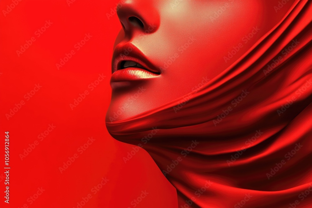 A close-up shot of a woman's face against a bright red background A close-up shot of a woman's face against a bright red background