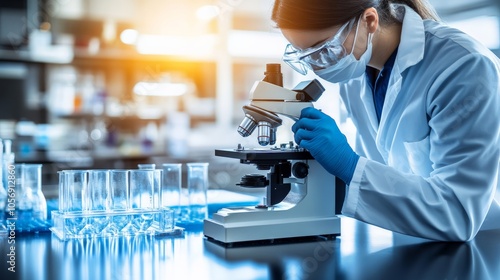 Biotechnologist Using Microscope in Modern Laboratory photo