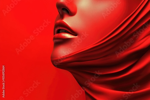 A close-up shot of a woman's face against a bright red background