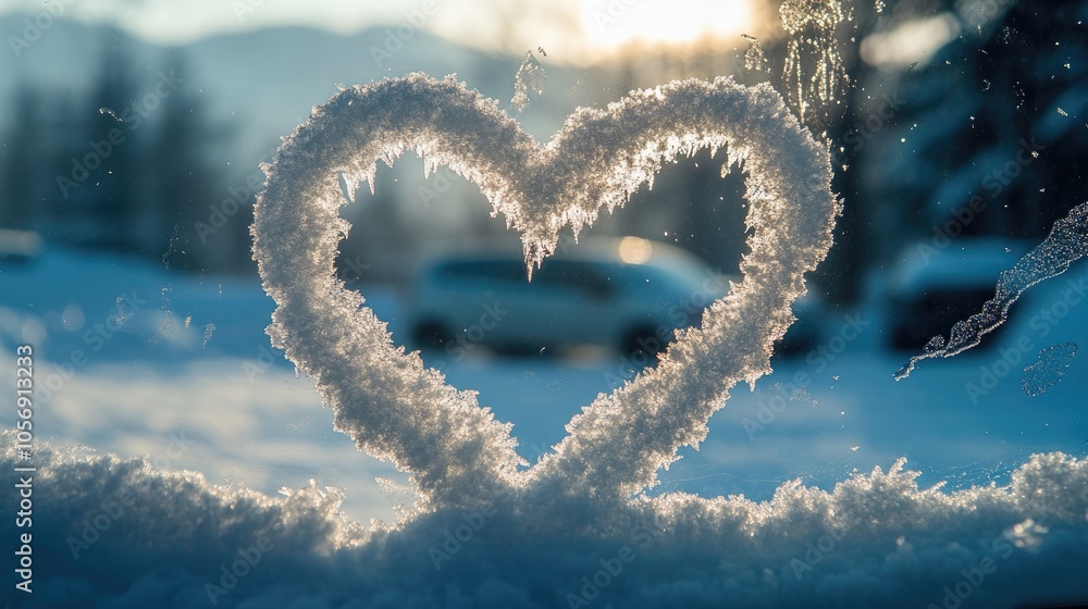 Naklejka premium Heart shape created on a car windshield blanketed with fresh snow during the festive season