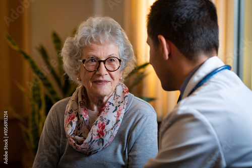 Compassionate Doctor Listening to Senior Patient. In this heartwarming scene, a young male doctor attentively listens to his elderly female patient during a house call. photo