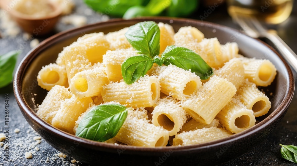 Rigatoni pasta served with grated cheese and fresh basil leaves Rigatoni pasta served with grated cheese and fresh basil leaves