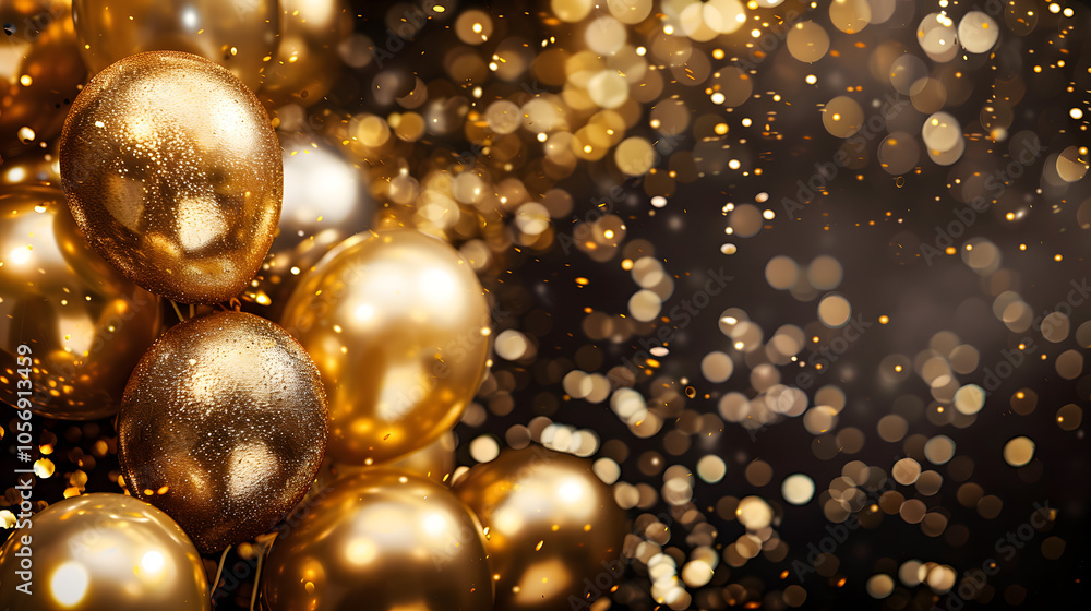 Festive background with gold balloons and scattered golden confetti. Premium background for a festive birthday celebration. Festive background with gold balloons and scattered golden confetti. Premium background for a festive birthday celebration.