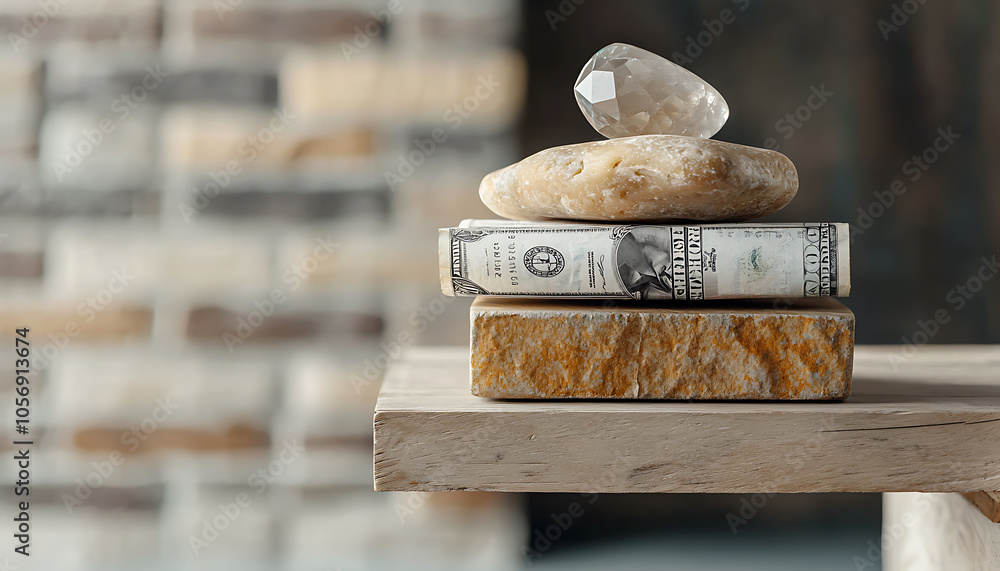 Balancing wealth and luxury a stack of bills on a scale with a sparkling gemstone symbolizing value and prosperity Balancing wealth and luxury a stack of bills on a scale with a sparkling gemstone symbolizing value and prosperity