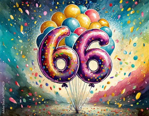 Birthday / anniversary balloon, number 66, colorful illustration with confetti and festive decoration photo