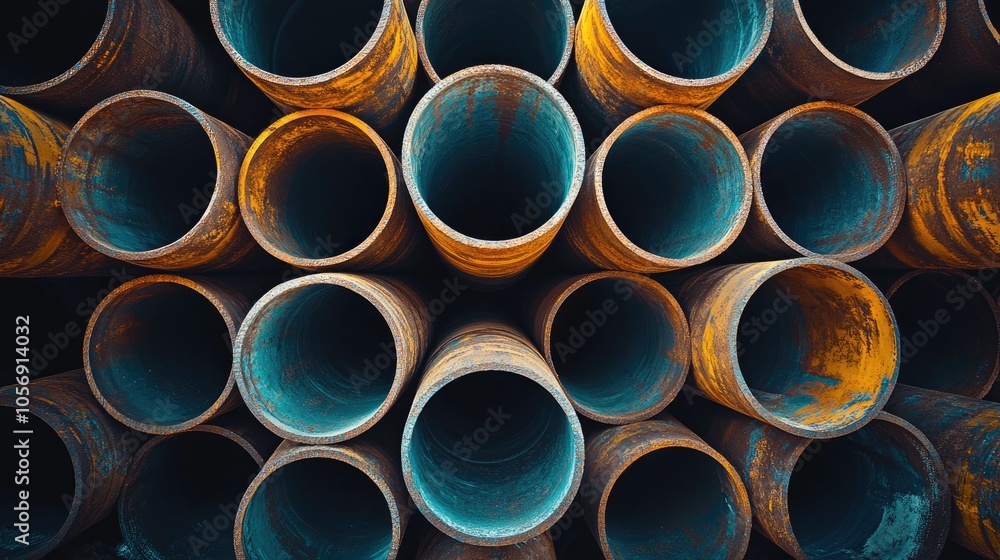 Stacked steel pipes in a warehouse setting Stacked steel pipes in a warehouse setting