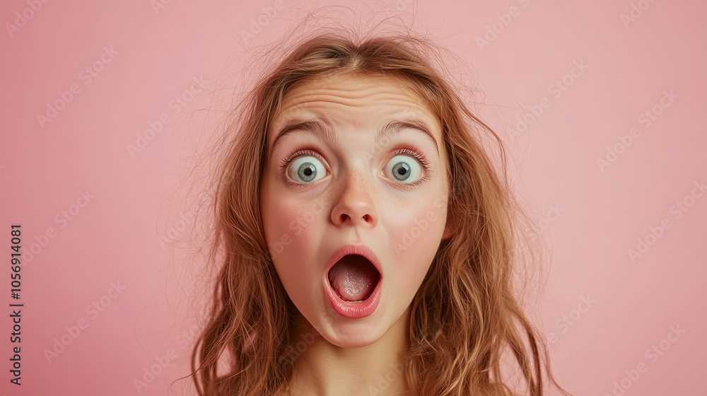 A girl with long brown hair and a surprised expression on her face. She has blue eyes and is wearing a pink background A girl with long brown hair and a surprised expression on her face. She has blue eyes and is wearing a pink background