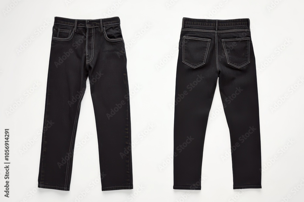 Black denim jeans front and back view on a white background Black denim jeans front and back view on a white background