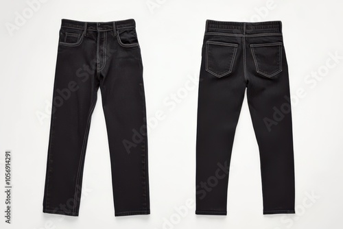 Black denim jeans front and back view on a white background