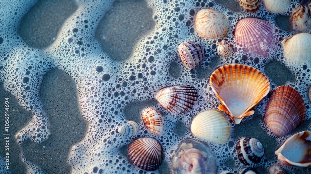 Colorful seashells in diverse shapes scattered across wet sandy shore with soft waves and frothy bubbles gently interacting with them Colorful seashells in diverse shapes scattered across wet sandy shore with soft waves and frothy bubbles gently interacting with them