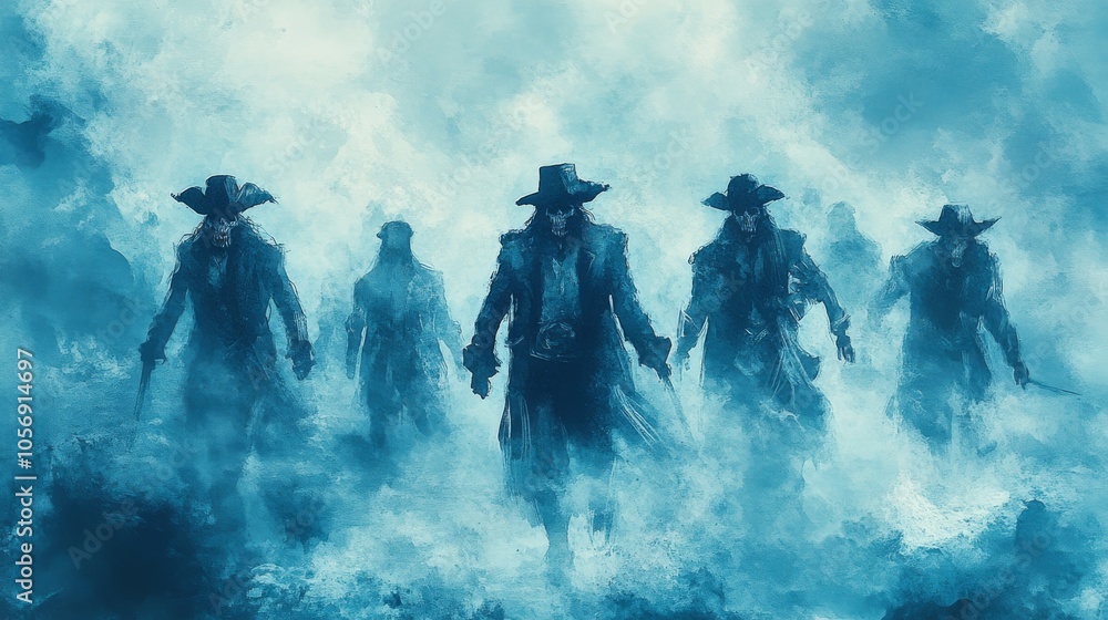Fototapeta premium A group of ghostly pirates walk through a blue fog