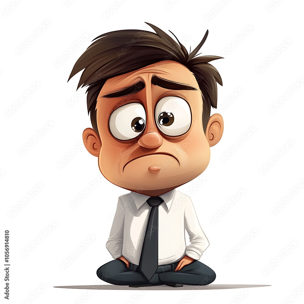 Cartoon employee looking exhausted with a drooping expression on a white background.