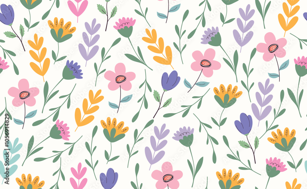 Wildflowers flower vector seamless pattern. Floral background with hand drawn field spring daisy. Modern Abstract Botanical contemporary retro pattern. Fashionable 60s - 70s template. Wildflowers flower vector seamless pattern. Floral background with hand drawn field spring daisy. Modern Abstract Botanical contemporary retro pattern. Fashionable 60s - 70s template.