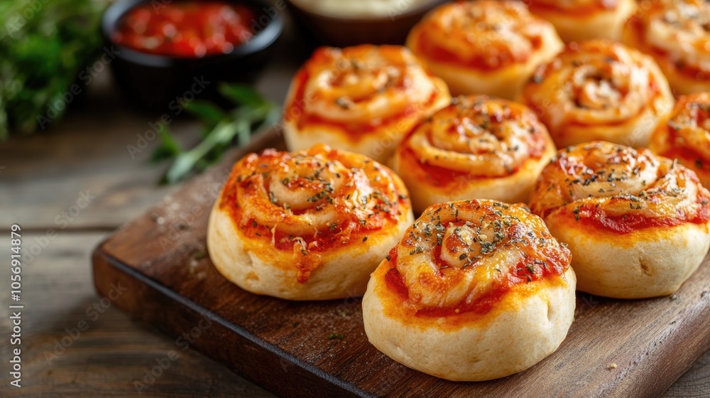 Savory mini pizza buns on a wooden board Tasty homemade baked pizza rolls for a delightful snack Savory mini pizza buns on a wooden board Tasty homemade baked pizza rolls for a delightful snack
