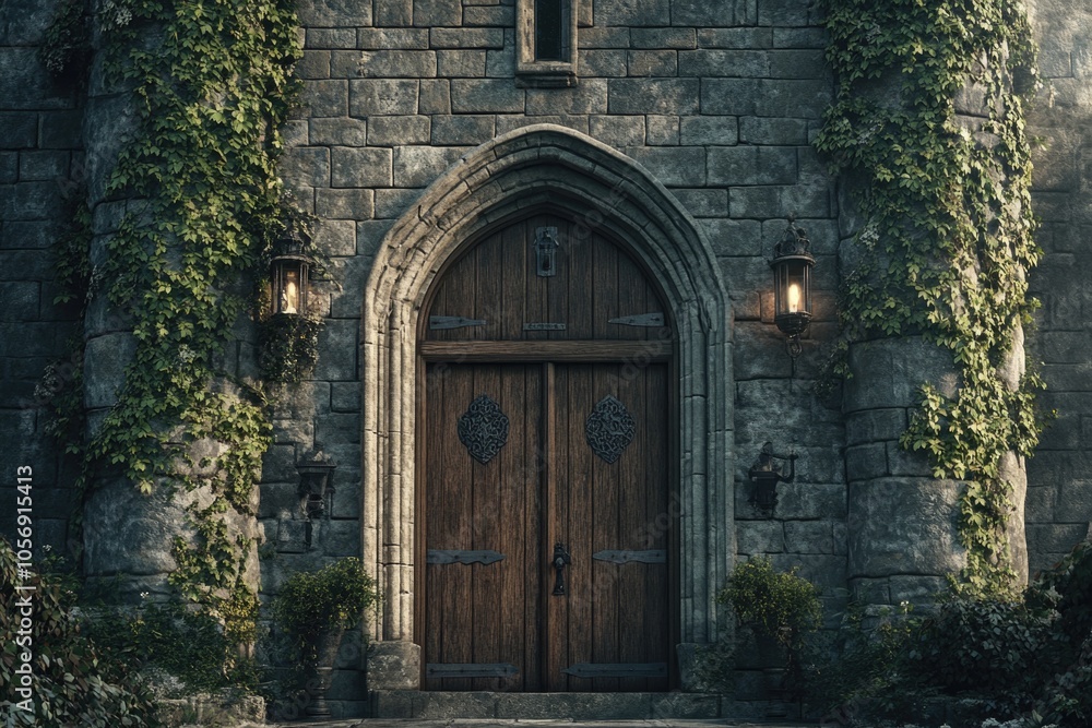 A historic stone structure with a wooden entrance A historic stone structure with a wooden entrance