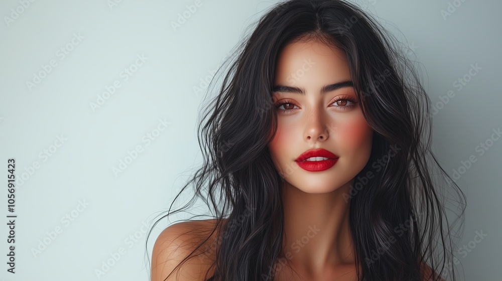 A woman with long black hair and red lipstick. She is smiling and looking at the camera. The image has a bright and cheerful mood A woman with long black hair and red lipstick. She is smiling and looking at the camera. The image has a bright and cheerful mood