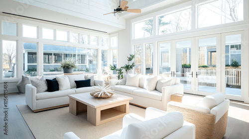 Bright and airy living room with large windows, white sofas, a wooden coffee table, and decorative plants, creating a modern and cozy atmosphere.