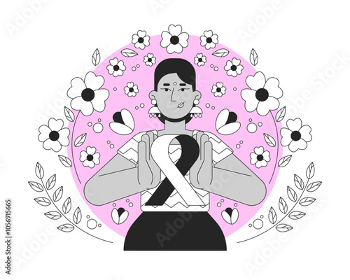 Indian feminist movement of pink ribbon black and white 2D illustration concept. Breast cancer solidarity. Hindu bindi woman femininity outline character isolated. Metaphor monochrome vector art