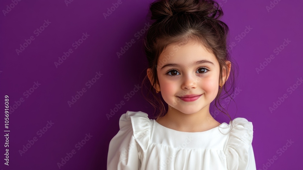 Portrait of an adorable young girl wearing a white blouse against a vibrant purple backdrop Portrait of an adorable young girl wearing a white blouse against a vibrant purple backdrop