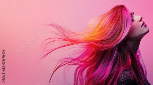 Wallpaper Mural Girl with vibrant long hair against a soft pink background in a bright studio setting Torontodigital.ca