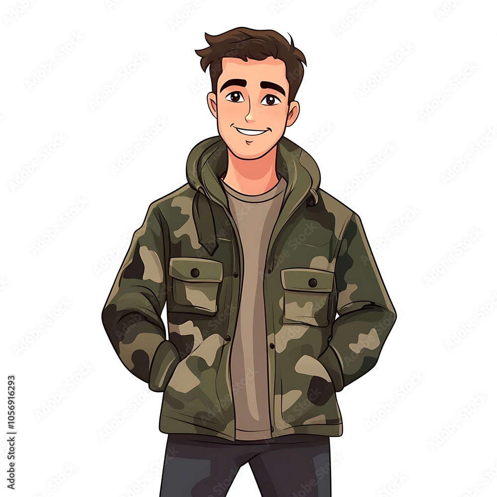 Cartoon guy in a military-style jacket on a white background. Cartoon guy in a military-style jacket on a white background.