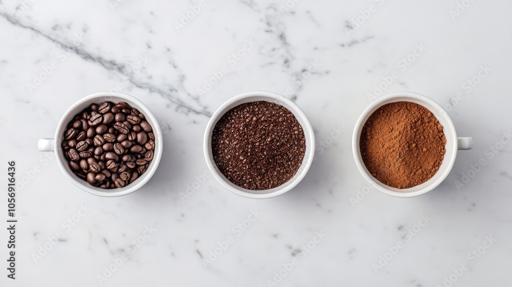 Three cups showcasing various coffee states whole beans freshly ground and brewed coffee set against a light grey marble background Three cups showcasing various coffee states whole beans freshly ground and brewed coffee set against a light grey marble background