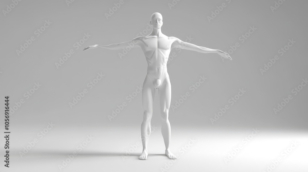 3D model of a humanoid figure standing upright with arms outstretched against a neutral background for artistic or design use. 3D model of a humanoid figure standing upright with arms outstretched against a neutral background for artistic or design use.