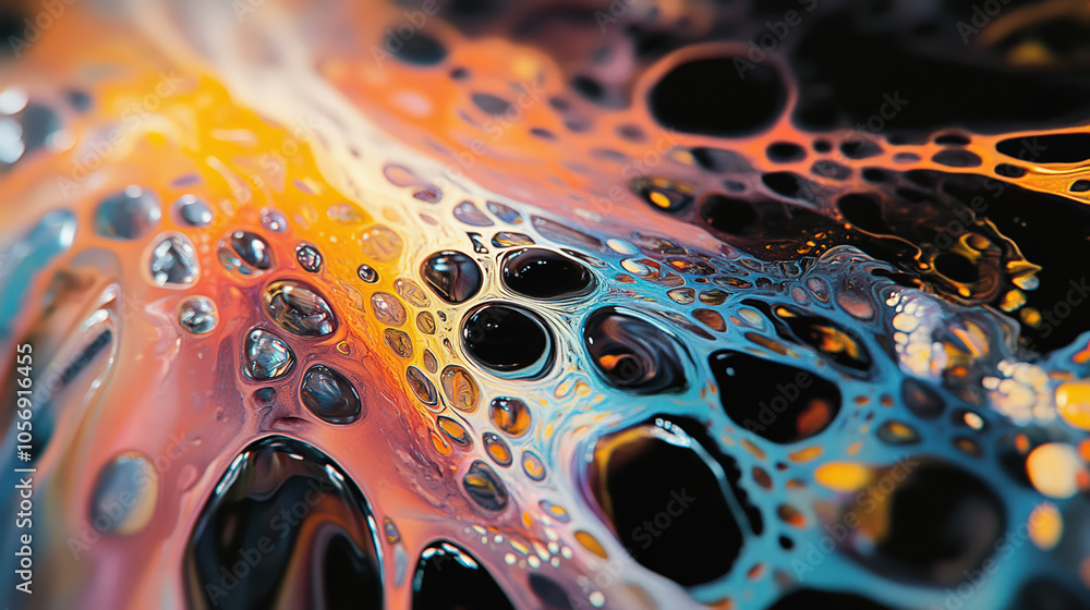 A vibrant abstract design featuring colorful bubbles and swirling patterns, creating an intriguing visual depth and complexity.