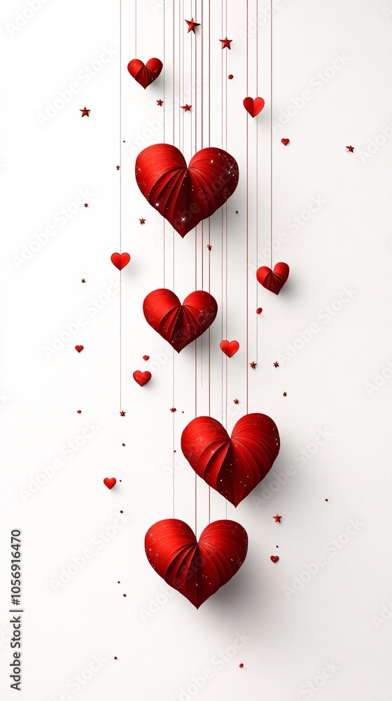 Festive paper garland with stars and hearts hanging in a vertical line Clear background with copy space for text Festive paper garland with stars and hearts hanging in a vertical line Clear background with copy space for text