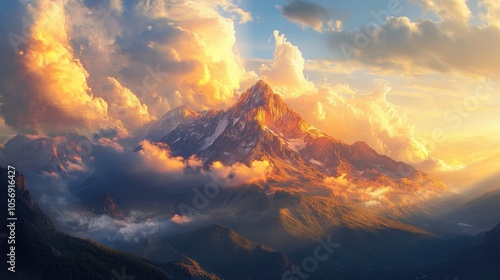 Sunlight and clouds create a picturesque scene over a mountain peak