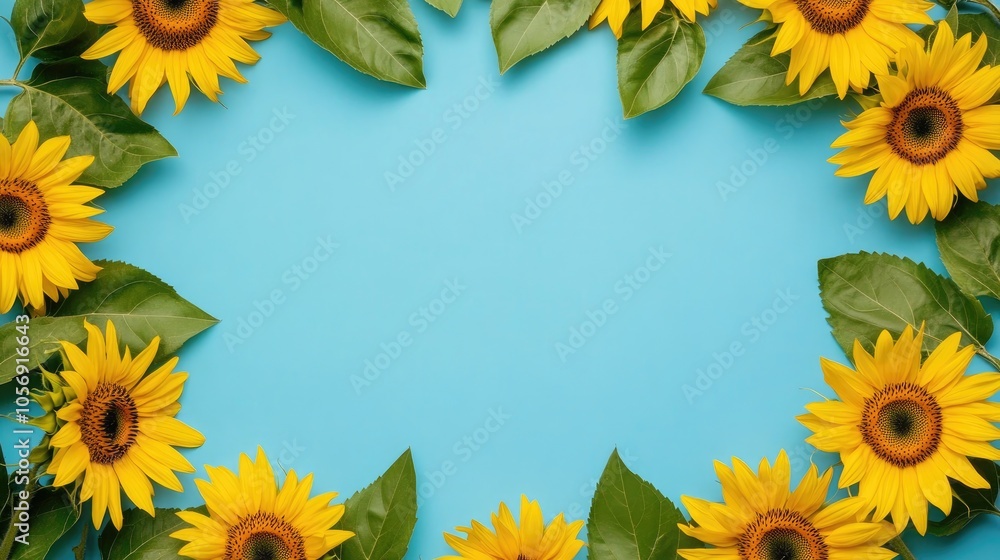 Blooming sunflowers with green leaves create a vibrant frame against a blue background featuring ample copy space Ideal for a floral greeting card banner or poster Flat lay top view Blooming sunflowers with green leaves create a vibrant frame against a blue background featuring ample copy space Ideal for a floral greeting card banner or poster Flat lay top view
