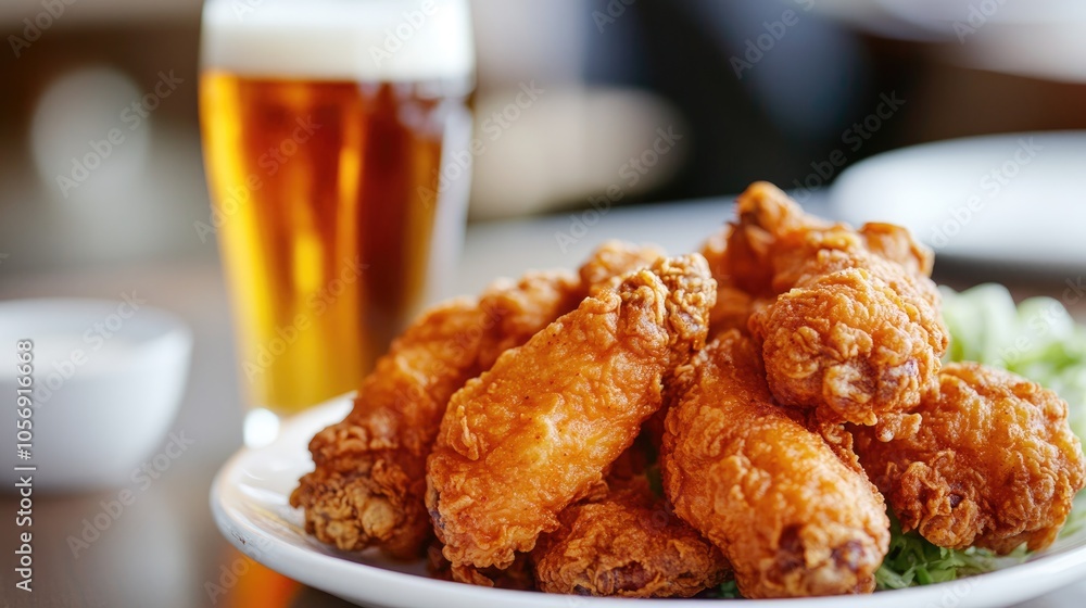 Crispy fried chicken served with a refreshing beer a beloved pairing in Korean cuisine Crispy fried chicken served with a refreshing beer a beloved pairing in Korean cuisine