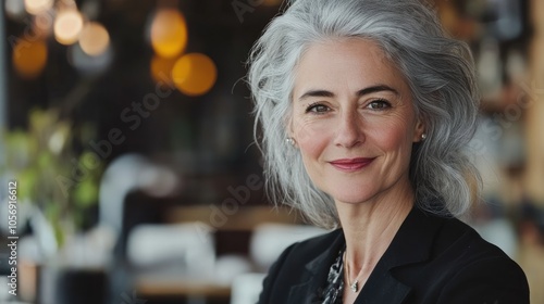 Confident and stylish mature woman in a cafe Portrait of a gray haired business leader in her 50s smiling at the camera Depicts an active and successful executive