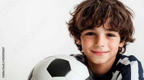 Adorable young boy posing with a soccer ball against a white background