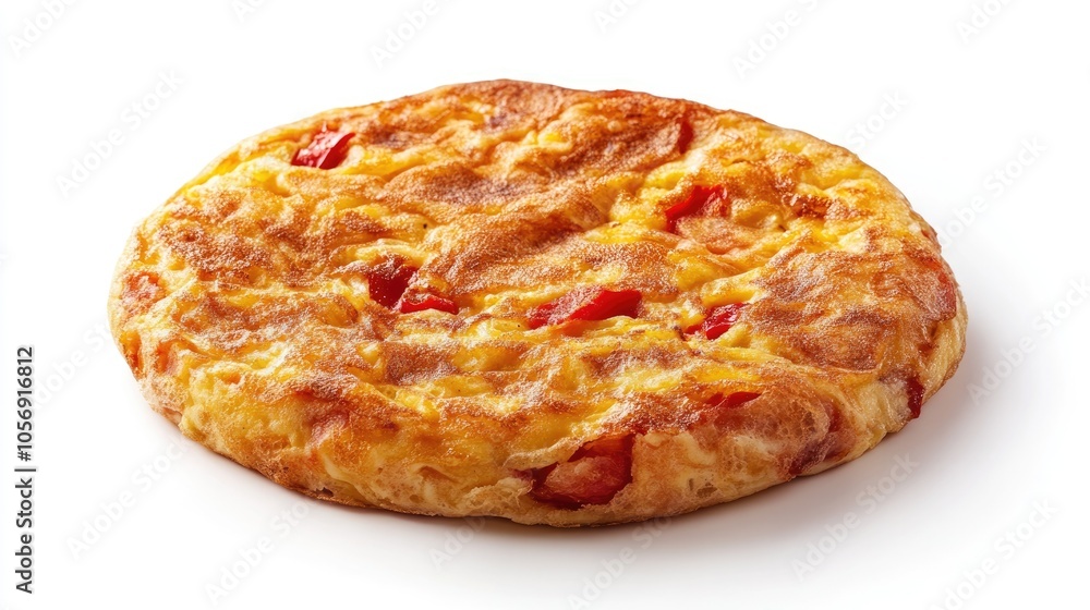 Spanish omelette made with olive oil and red pepper isolated against a white background Spanish omelette made with olive oil and red pepper isolated against a white background
