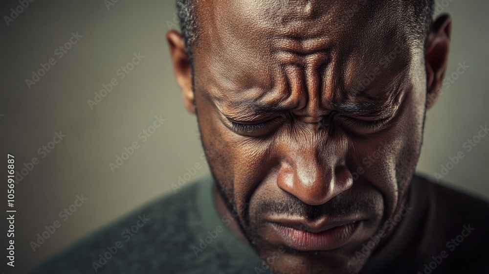 Portrait of an African American adult expressing pain with a sad exhausted face displaying concern worry and deep thought highlighting human emotions and facial expressions Isolated on neutral bac Portrait of an African American adult expressing pain with a sad exhausted face displaying concern worry and deep thought highlighting human emotions and facial expressions Isolated on neutral bac