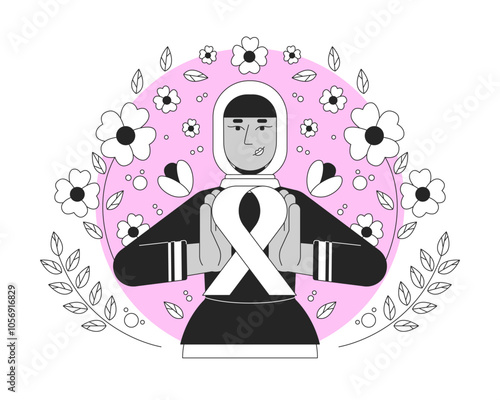Arab feminist movement of pink ribbon black and white 2D illustration concept. Breast cancer solidarity. Muslim hijab woman femininity outline character isolated. Metaphor monochrome vector art
