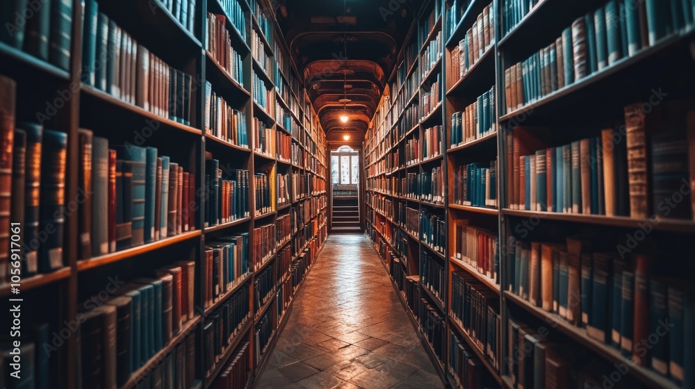 Neatly arranged assorted books in a library representing a realm of knowledge and exploration Neatly arranged assorted books in a library representing a realm of knowledge and exploration