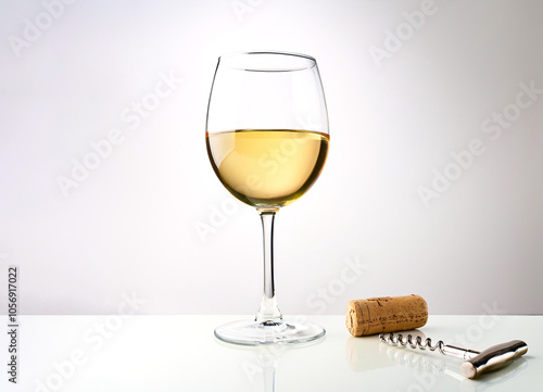 Copa de vino blanco sobre una mesa, con un corcho y un sacacorchos al lado photo