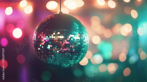 Luminous green disco ball sparkles brightly creating a festive atmosphere with vibrant lights and bokeh effects in a lively party scene