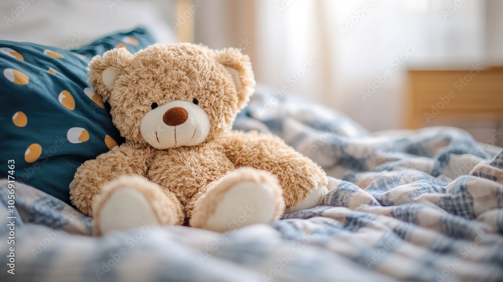 Cozy teddy bear plush toy resting on a comfortable bed Cozy teddy bear plush toy resting on a comfortable bed